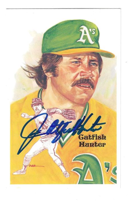 Autographed JIM CATFISH HUNTER Oakland A's Perez-Steele postcard JSA