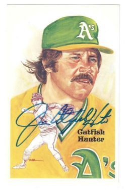 SIGNED PEREZ STEELE Postcard JIM CATFISH HUNTER Oakland A's