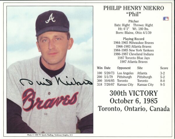 Autographed PHIL NIEKRO Atlanta Braves 8x10 300th Victory Photo Card