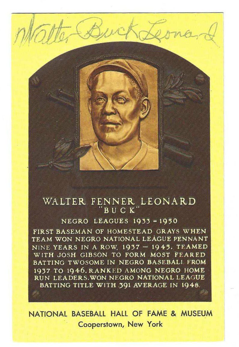Autographed Walter "Buck" Leonard Hall of Fame Gold Plaque Postcard