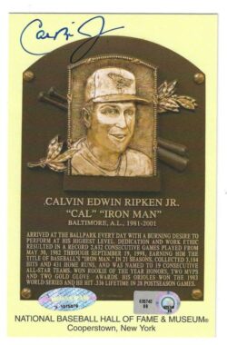 Autographed Cal Ripken Jr  Hall of Fame Gold Plaque Postcard MLB