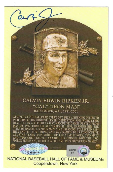 Autographed Cal Ripken Jr Hall of Fame Gold Plaque Postcard MLB