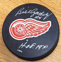 AUTOGRAPHED BILL GADSBY "HOF 70" Detroit Red Wings Puck