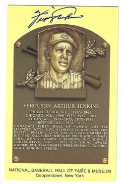 Autographed Fergie Jenkins Hall of Fame Gold Plaque Postcard