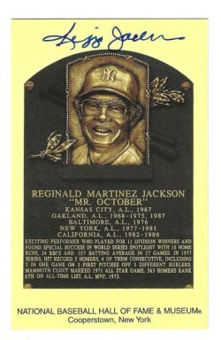 Autographed Reggie Jackson Hall of Fame Gold Plaque JSA Witness