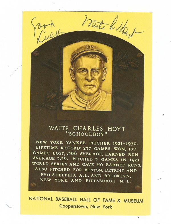 Autographed Waite Hoyt Hall of Fame Gold Plaque
