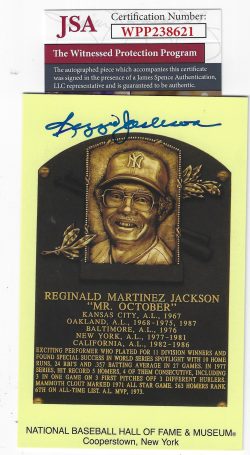 Autographed Reggie Jackson Hall of Fame Gold Plaque JSA