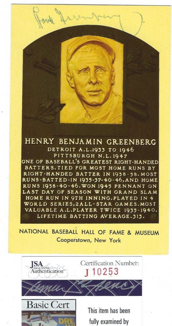 Autographed HANK GREENBERG Hall of Fame Gold Plaque JSA