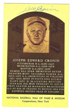Autographed JOE CRONIN Hall of Fame Gold Plaque Postcard