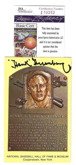 Autographed HANK GREENBERG Hall of Fame Gold Plaque JSA
