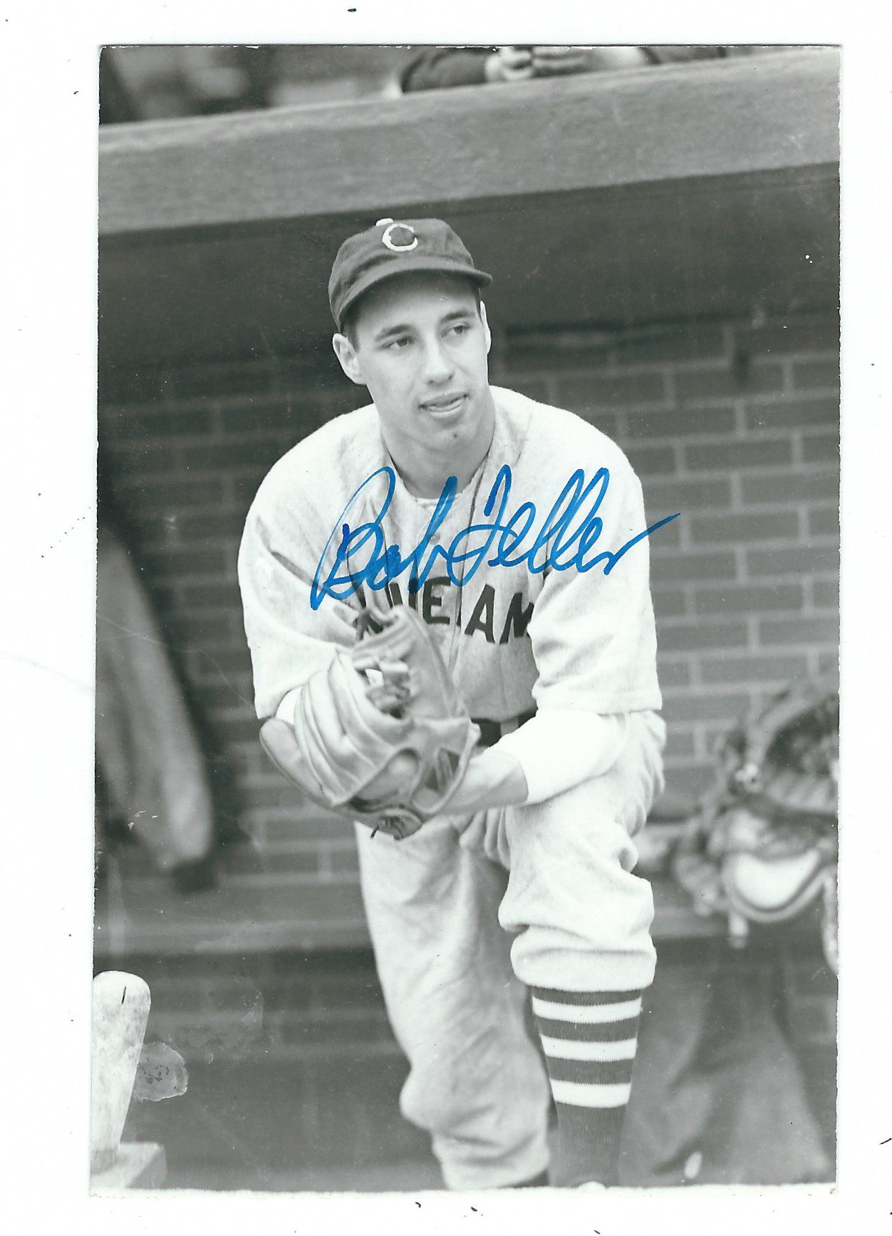 Autographed BOB FELLER BxW Rowe Post Card Main Line Autographs