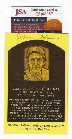 Autographed Jesse Haines Hall of Fame Gold Plaque JSA