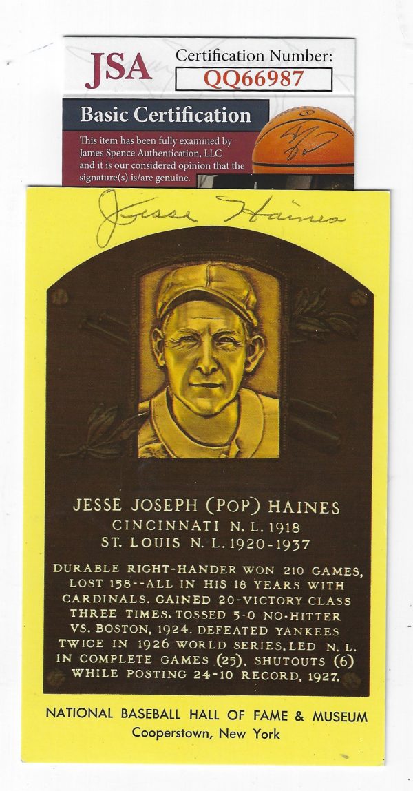 Autographed Jesse Haines Hall of Fame Gold Plaque JSA