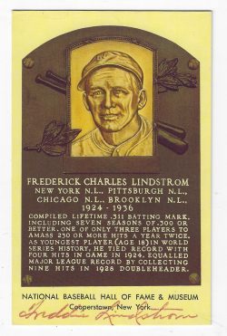 Autographed Freddie Lindstrom Hall of Fame Gold Plaque