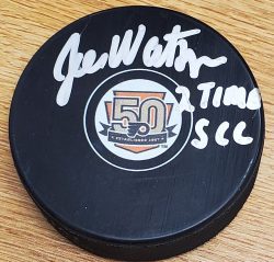 Autographed JOE WATSON Philadelphia Flyers 50th Anniversary Hockey Puck
