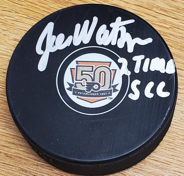 Autographed JOE WATSON Philadelphia Flyers 50th Anniversary Hockey Puck