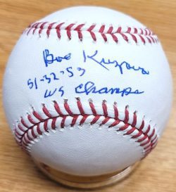 Autographed Bob Kuzava "51,52,53 WS Champs" Rawlings Official Major League Baseball