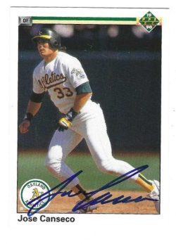 Autographed JOSE CANSECO Oakland A's 1990 Upper Deck Card