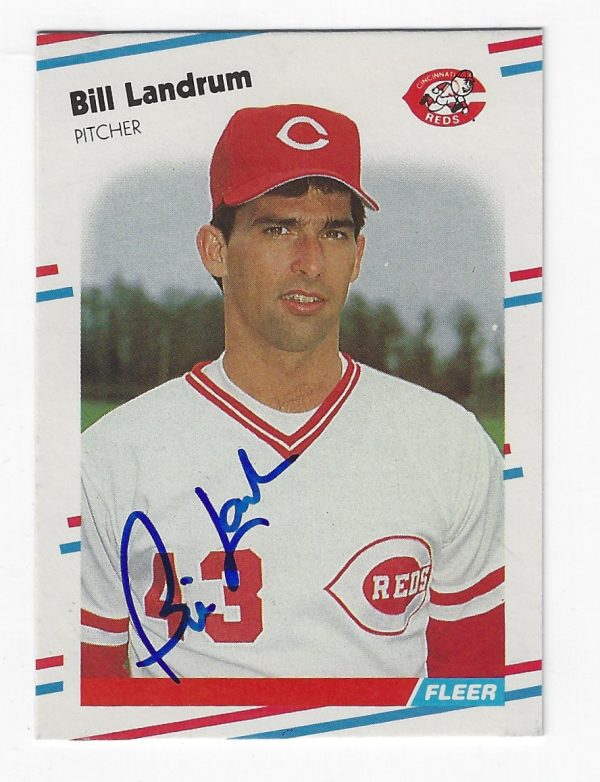 Autographed  BILL LANDRUM Cincinnati Reds 1988 Fleer Baseball Card