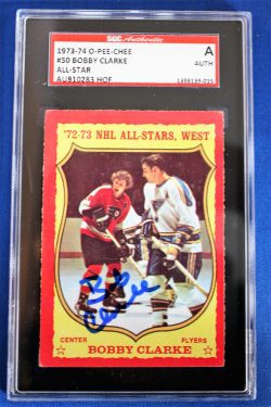Autographed Bobby Clarke 1973-74 O-Pee-Chee Hockey Card #50 SGC Slabbed