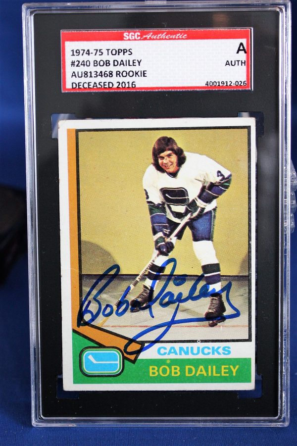 Autographed Bob Dailey 1974-75 Topps Vancouver Canucks Card #240 SGC Slabbed