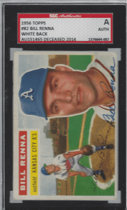 Autographed 1956 Topps Bill Renna Kansas City Athletics #82 SGC Slabbed