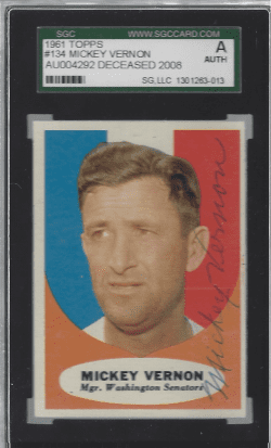 Autographed 1961 Topps Mickey Vernon Washington Senators #134 SGC Slabbed