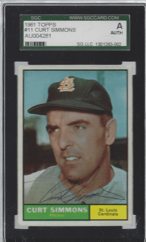 Autographed 1961 Topps Curt Simmons St. Louis Cardinals #11 SGC Slabbed