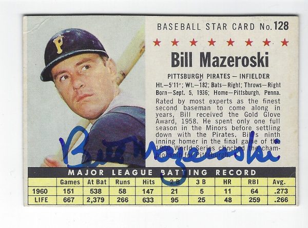 Autographed BILL MAZEROSKI 1961 Post Cereal Card #128