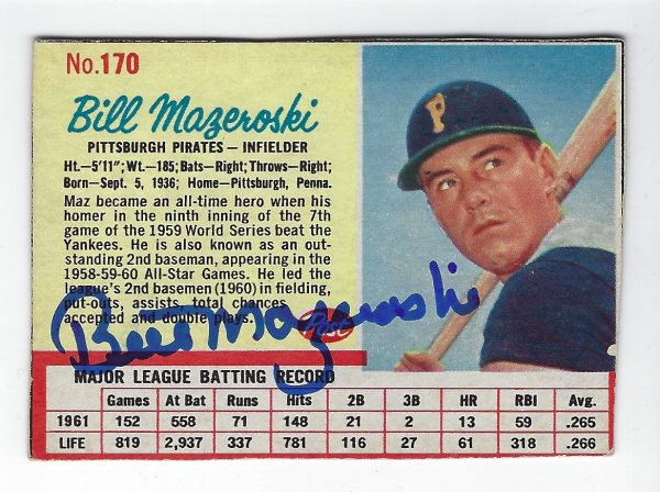 Autographed BILL MAZEROSKI 1962 Post Cereal Card #170 w/COA