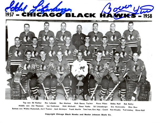 Autographed BOBBY HULL & EDDIE LITZENBERGER 8X10 Chicago Blackhawks Photo