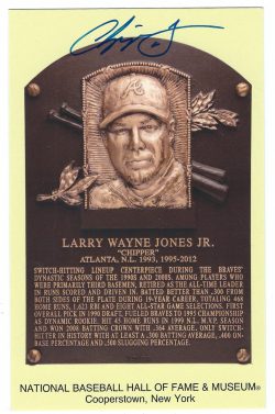 Autographed Chipper Jones Hall of Fame Gold Plaque Post Card With JSA COA