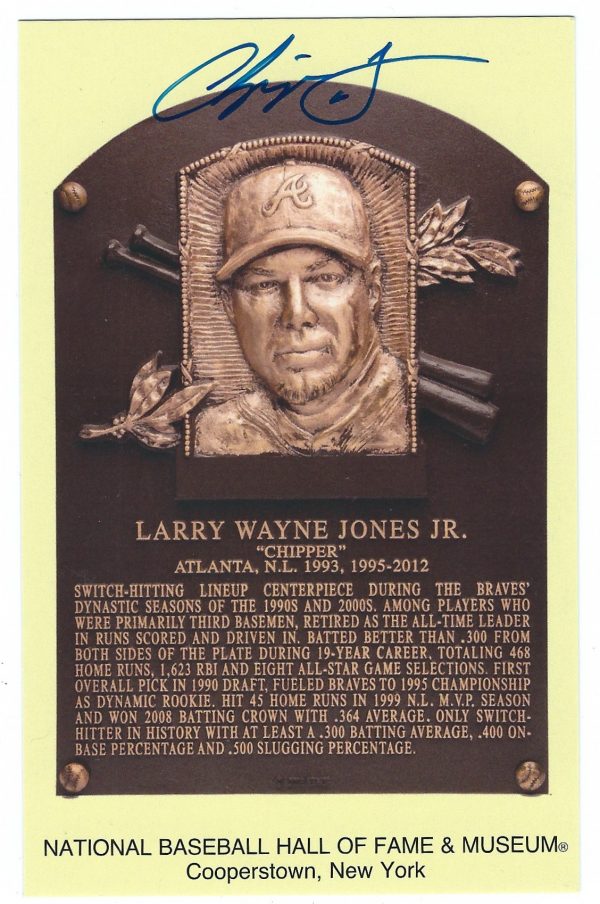 Autographed Chipper Jones Hall of Fame Gold Plaque Post Card With JSA COA