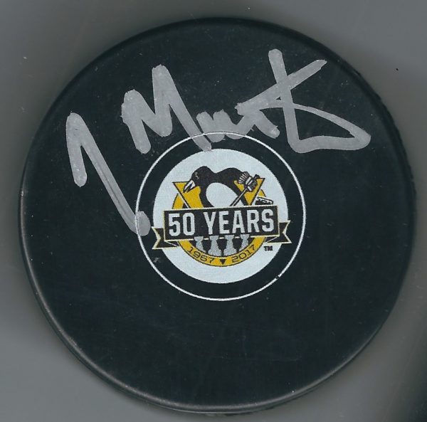 Autographed JACQUES MARTIN Pittsburgh Penguins 50th Anniversary Hockey Puck