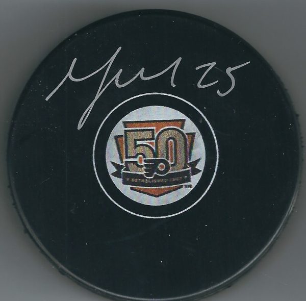 Autographed MAX TALBOT Philadelphia Flyers 50th Anniversary Hockey Puck