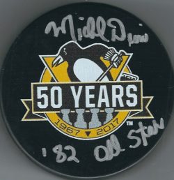 Autographed MICHEL DION Pittsburgh Penguins 50th Anniversary Hockey Puck