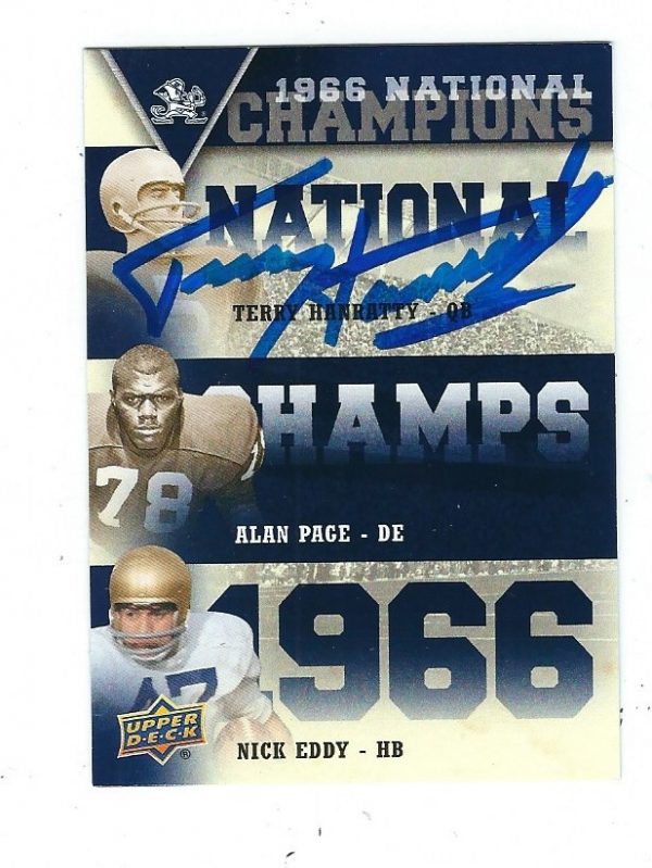 Autographed TERRY HANRATTY 2013 Upper Deck Notre Dame 1966 National Champs Trio Card