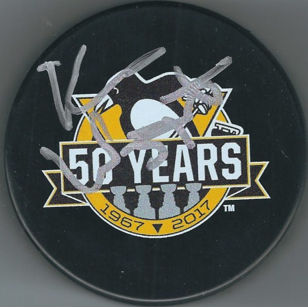 Autographed KEN WREGGET Pittsburgh Penguins 50th Anniversary Hockey Puck