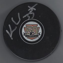 Autographed KEN WREGGET Philadelphia Flyers 50th Anniversary Hockey Puck