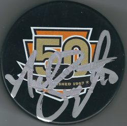 Autographed NOLAN BAUMGARTNER Philadelphia Flyers 50th Anniversary Hockey Puck