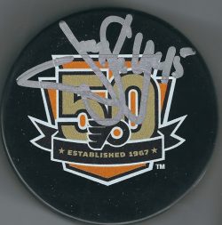 Autographed JODY SHELLEY Philadelphia Flyers 50th Anniversary Hockey Puck