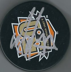 AUTOGRAPHED ANDY DELMORE Philadelphia Flyers 50th Anniversary Hockey Puck