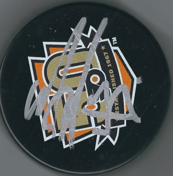 AUTOGRAPHED ANDY DELMORE Philadelphia Flyers 50th Anniversary Hockey Puck