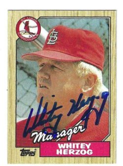 Autographed WHITEY HERZOG St. Louis Cardinals 1987 Topps Card