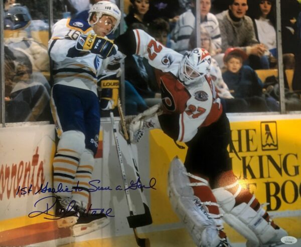 Autographed Ron Hextall "1st Goalie to Score a Goal" 16x20 Philadelphia Flyers Photo - w/ JSA COA
