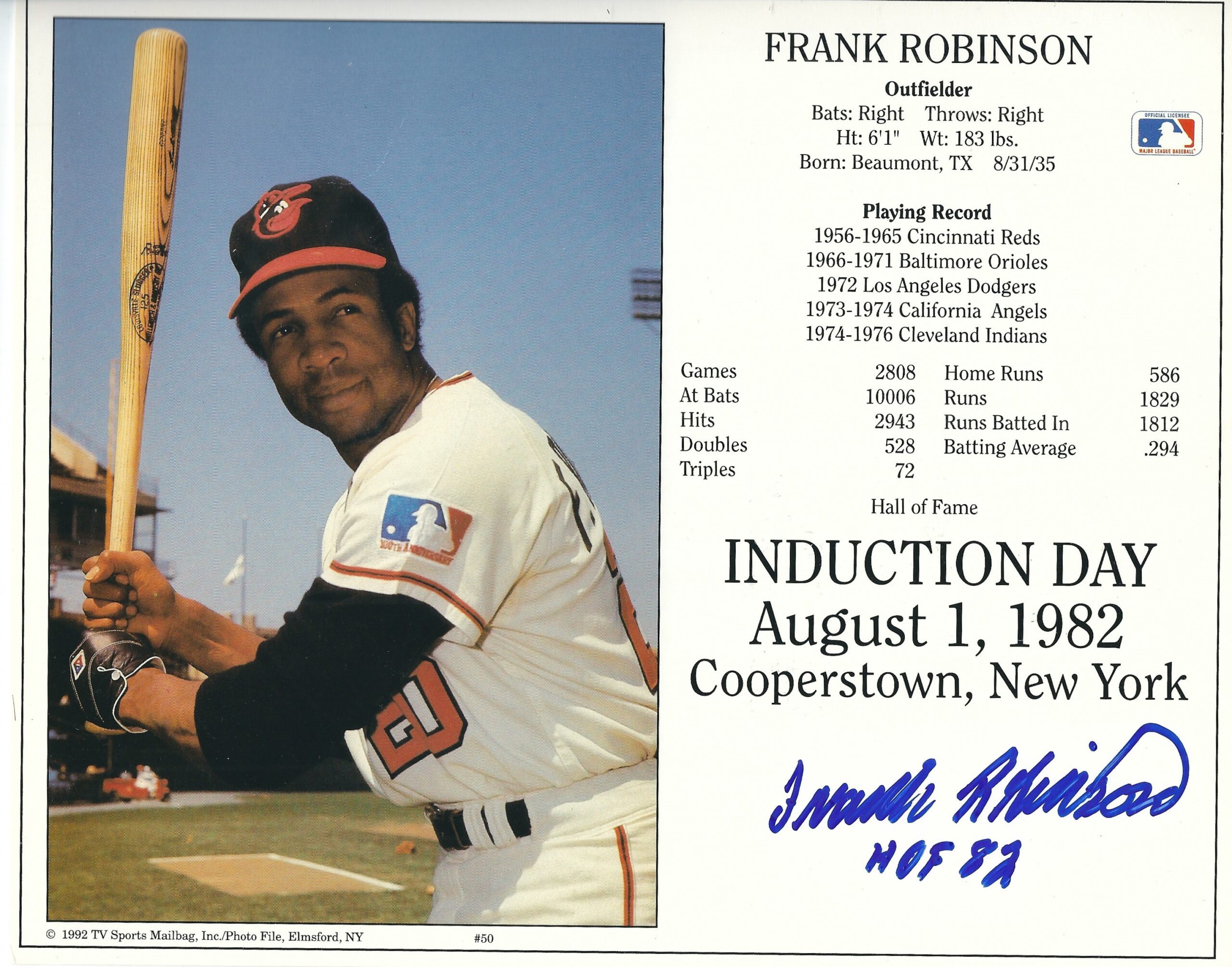 Autographed FRANK ROBINSON Baltimore Orioles HOF 8x10 Induction