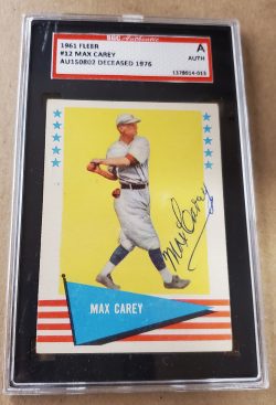 Autographed 1961 Fleer MAX CAREY #12 SGC Slabbed