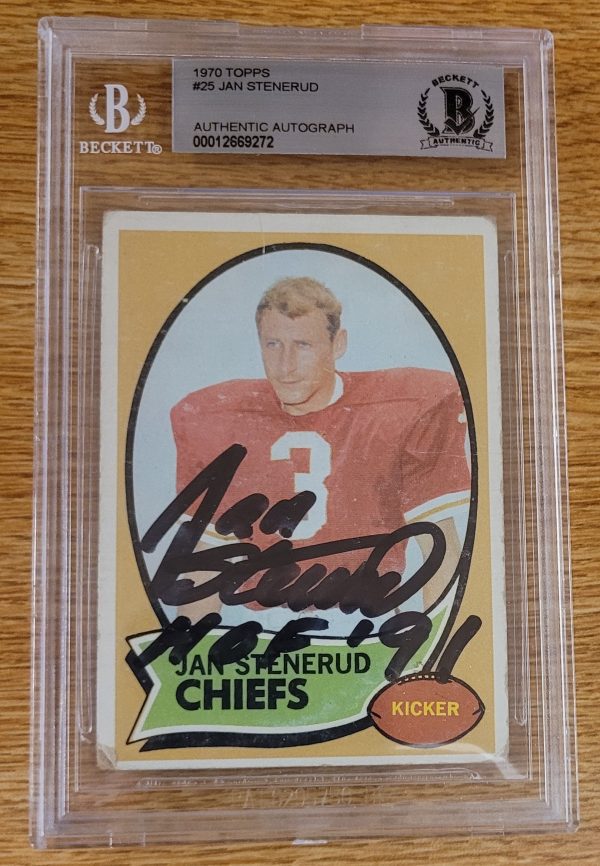 Autographed JAN STENERUD Kansas City Chiefs 1970 Topps Card #25 BAS Beckett Slabbed