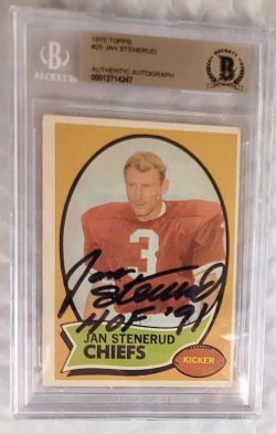Autographed JAN STENERUD Kansas City Chiefs 1970 Topps Card #25 BAS Beckett Slabbed