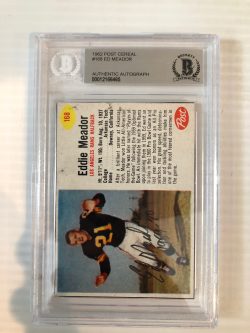 Autographed 1962 Post Eddie Meador L. A. Rams Card #168 Beckett Slabbed BAS